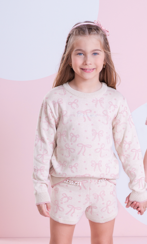 Conjunto Infantil Tricot Jacquard Multi-laços Ninive Blusa e Shorts Bolsos Bordados - Pituchinhus