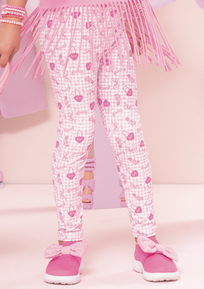 Conjunto Infantil Blusa Barbie Strass Branca e Calça Legging Barbie Rosa Xadrez - Pituchinhus