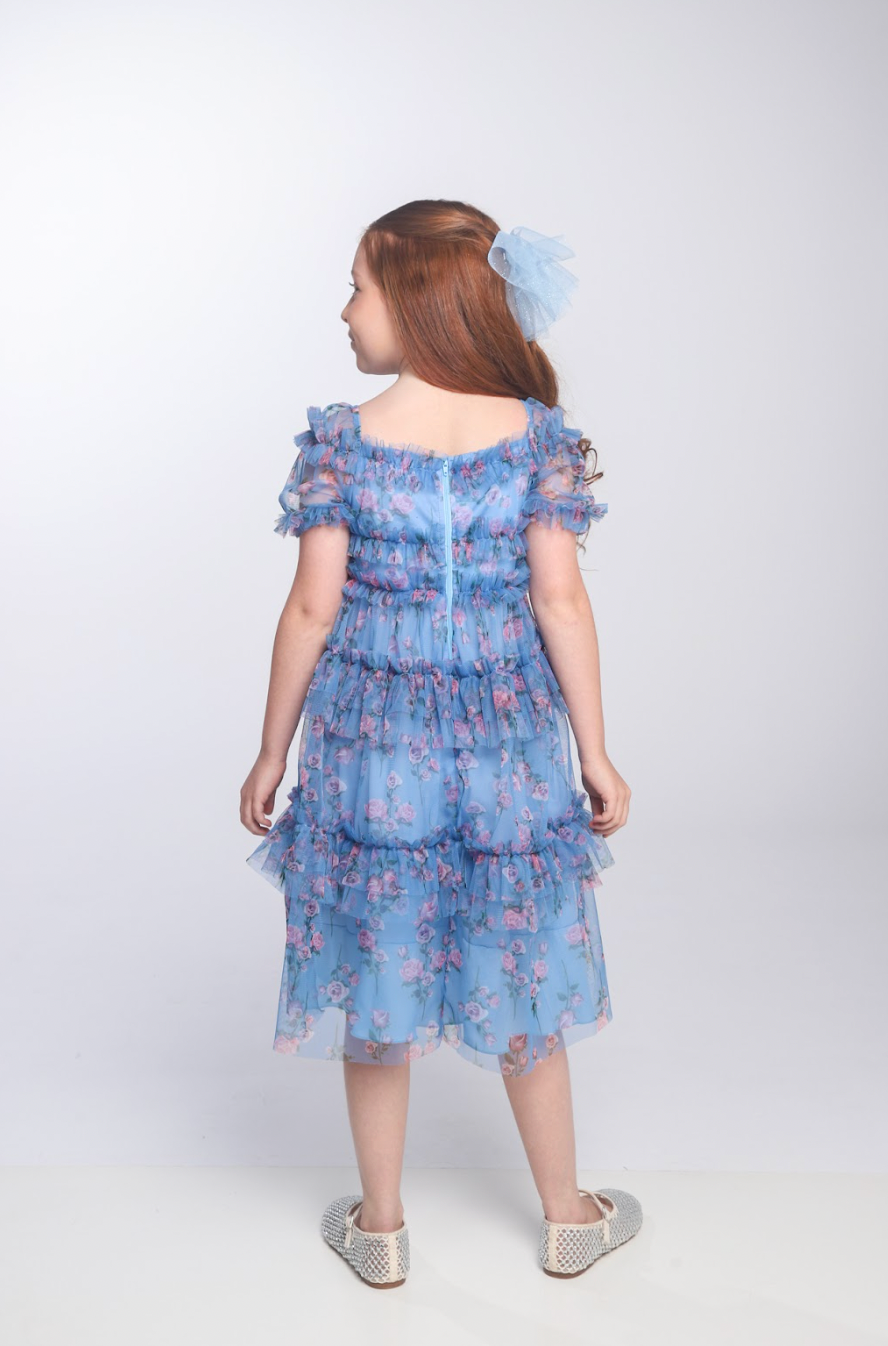 Vestido Infantil Midi Tule Floral Azul Babados - Luluzinha