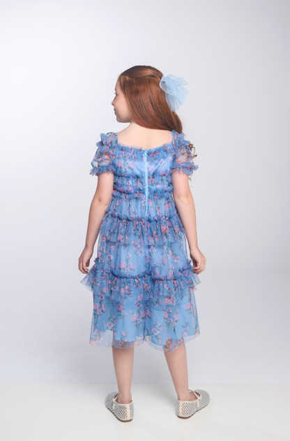 Vestido Infantil Midi Tule Floral Azul Babados - Luluzinha