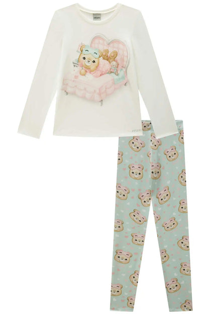 Pijama Infantil Blusa ML Ursinha Off e Legging Estampada Verde - Infanti