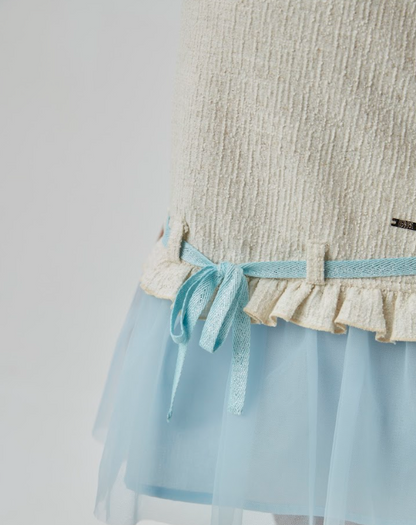 Vestido Infantil Jumper Tweed de Algodão Laço e Babado Azul - Beabá