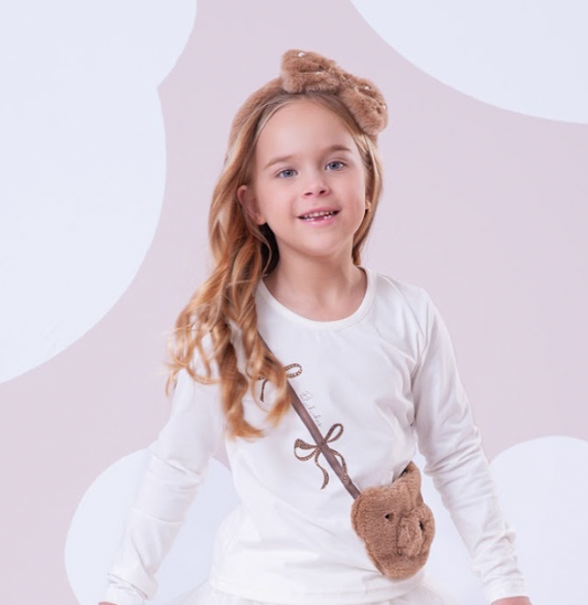 Blusa Infantil Cotton Bolsa Pele Ursinha Off White - Pituchinhus