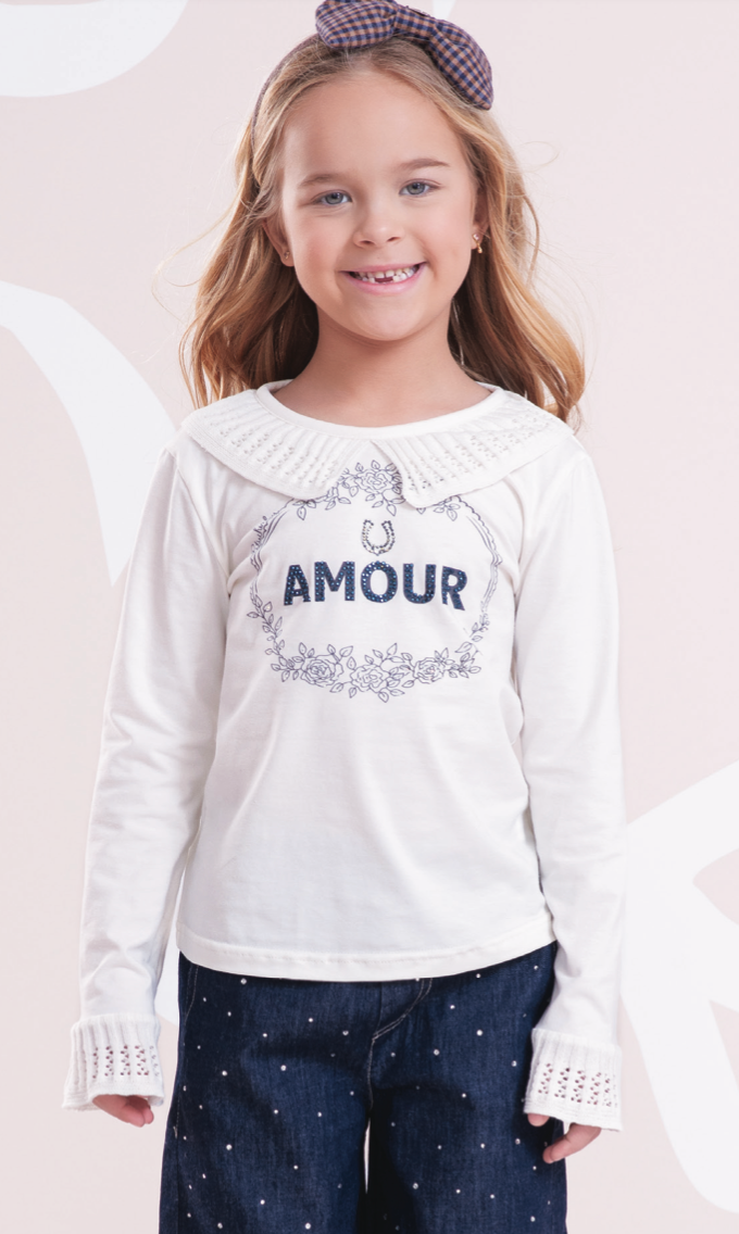 Blusa Infantil Cotton Amour Cristal Gola e Babado Mangas Tricot Off White - Pituchinhus
