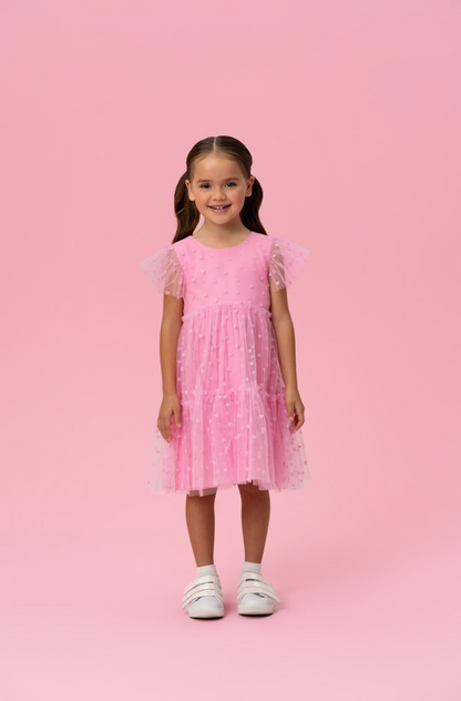 Vestido Infantil Trapézio Tule Corações Rosa Balé - Mon Sucré