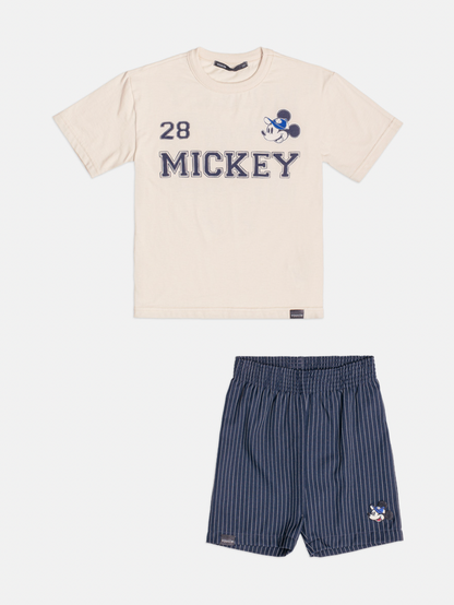 Conjunto Infantil Camiseta Bege Mickey e Bermuda Marinho Listrada - Youccie
