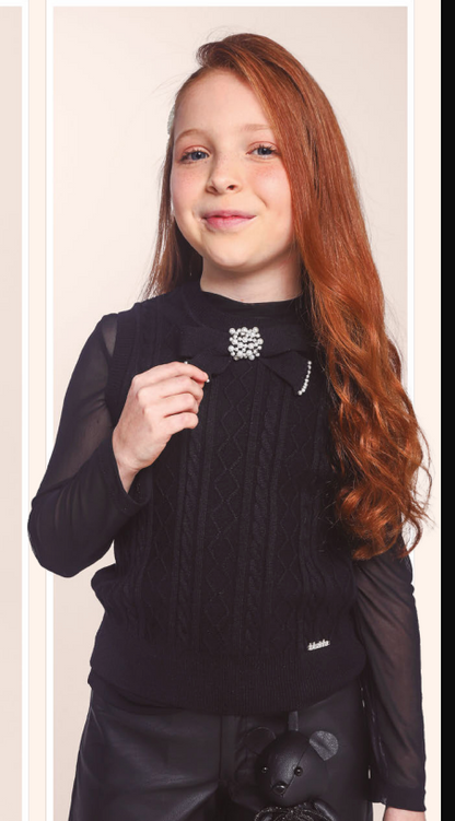 Suéter Infantil Tricot Laço Bordado Manual Preto - Luluzinha