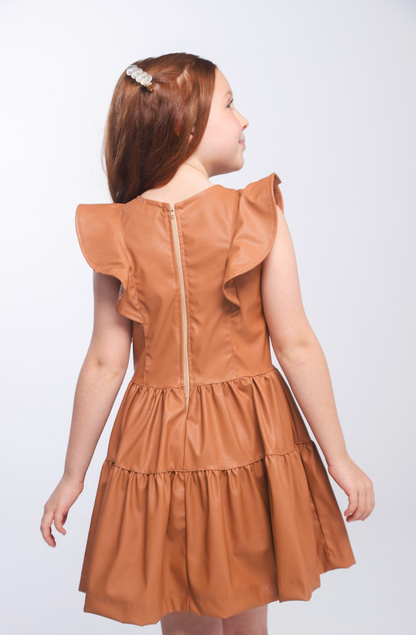 Vestido Infantil Rodado Babadinhos Couro Tech Caramelo - Luluzinha