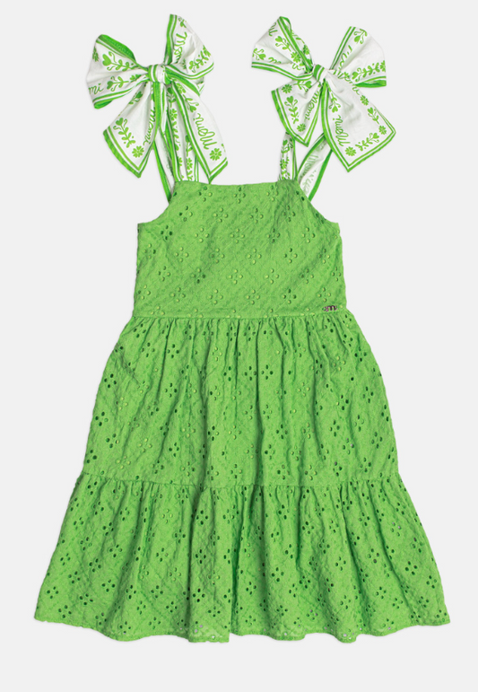 Vestido Infantil Laise Bordado Flores Verde - Momi