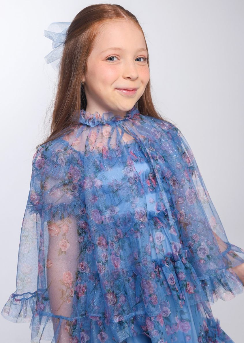 Vestido Infantil Midi Tule Floral Azul Babados - Luluzinha