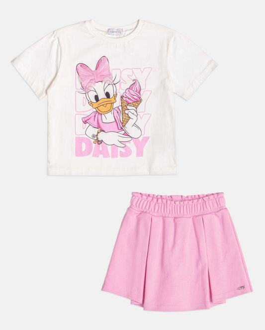 Conjunto Infantil Blusa Daisy Duck Com Laço e Shorts Saia Com Cós de Elástico - Momi
