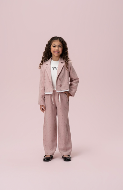 Conjunto Infantil Trio Blusa Lacinho, Casaqueto e Calça Alfaiataria Listrada Strass Rosé - Petit Cherie