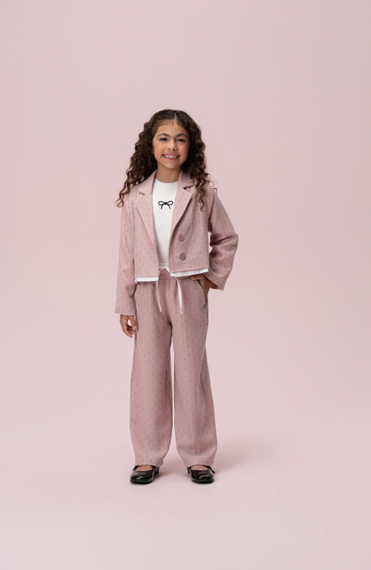 Conjunto Infantil Trio Blusa Lacinho, Casaqueto e Calça Alfaiataria Listrada Strass Rosé - Petit Cherie