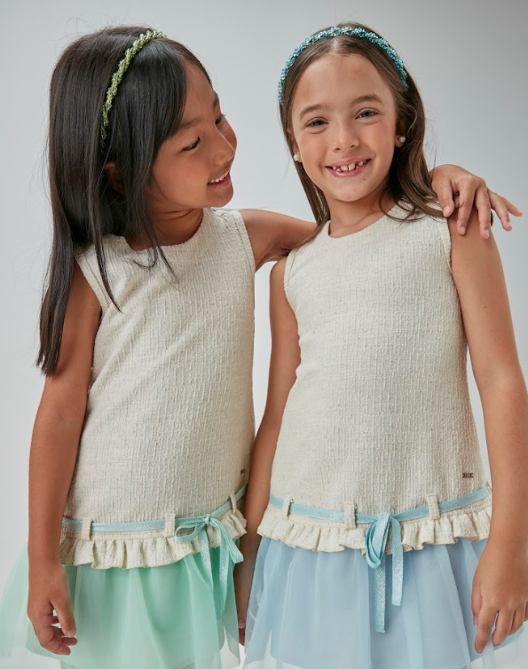 Vestido Infantil Jumper Tweed de Algodão Laço e Babado Azul - Beabá
