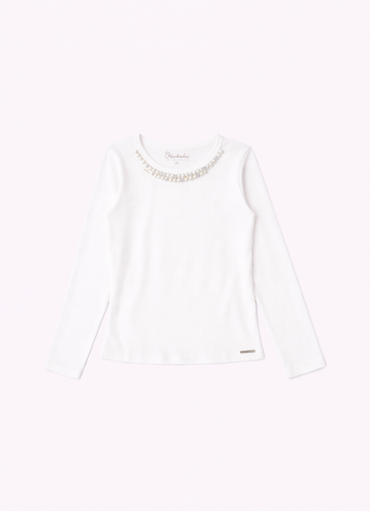 Jardineira Infantil  Sarja Ursinha Pelúcia Bege Escuro com Blusa ML Bordados Pérolas e Cristais  - Pituchinhus