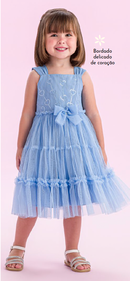 Vestido Infantil Tule Bordado Corações e Laço Frontal Azul Baby - Petit Cherie