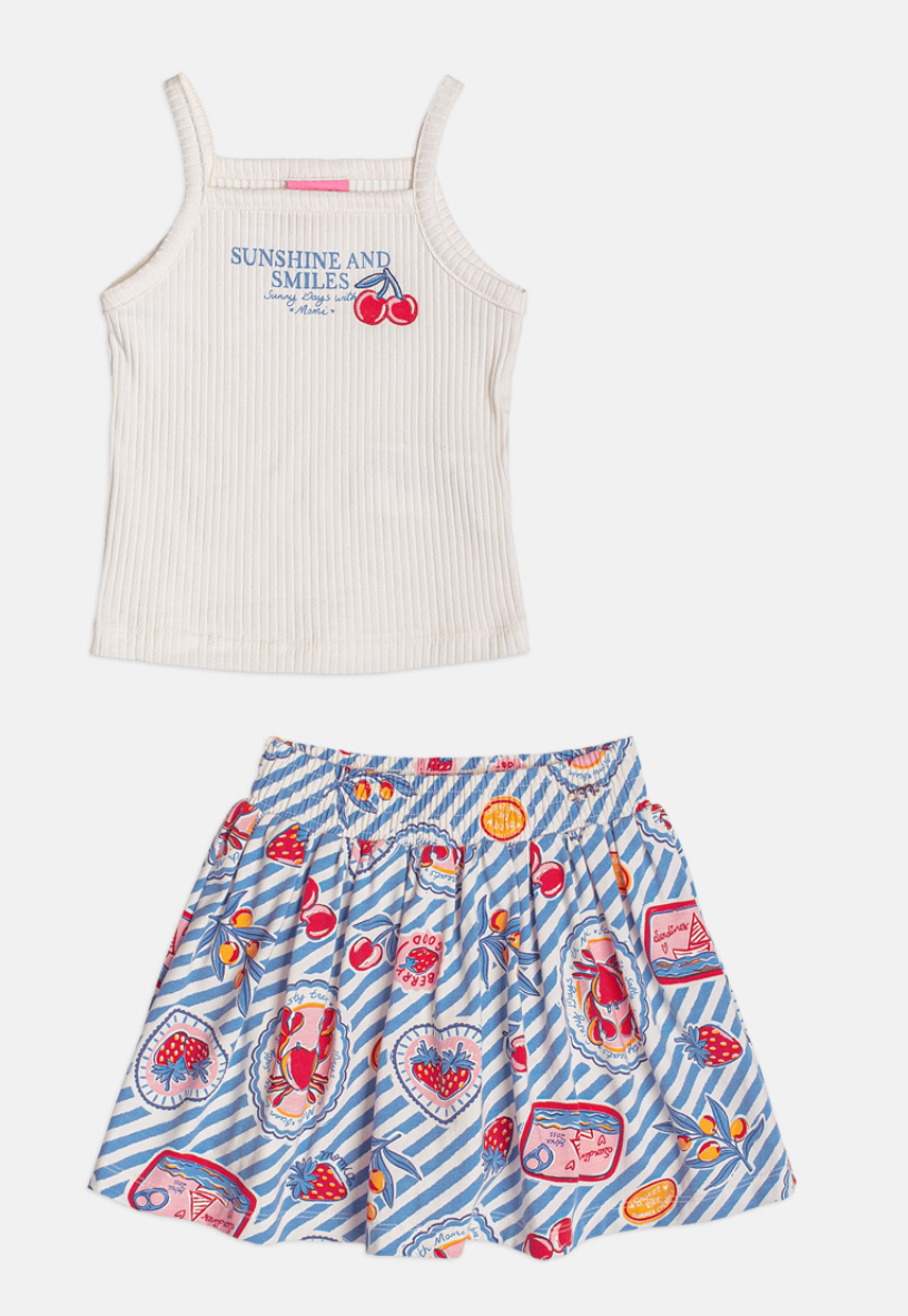 Conjunto Infantil Regata Cereja Saia Short Estampado - Momi