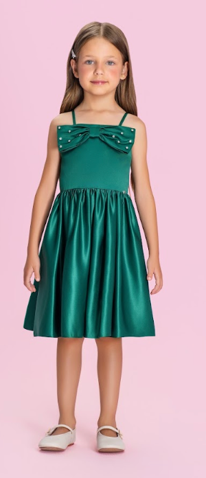 Vestido Infantil Verde Esmeralda Acetinado Com Laço e Pérolas - Petit Cherie