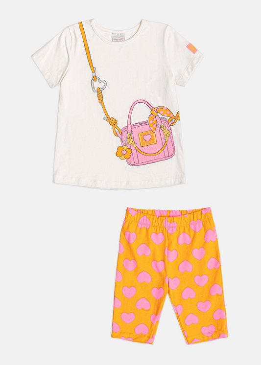 Conjunto Infantil Blusa Bolsa Transversal e Shorts Legging Corações - Momi