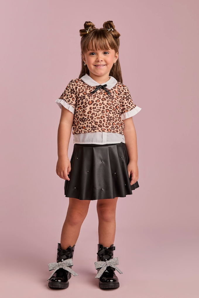 Conjunto Infantil Blusa Estampa Oncinha e Saia-Short Like Leather Preto - Gabriela Aquarela