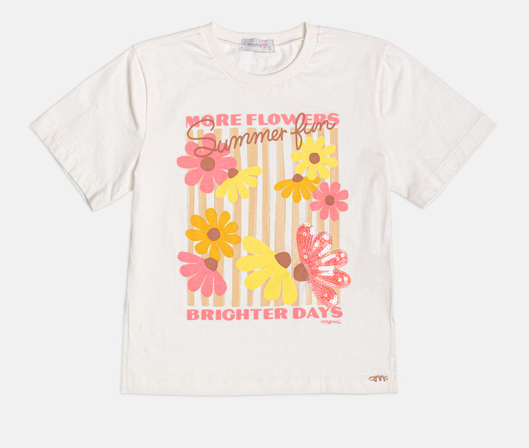 Blusa Infantil Off White Estampa Floral Summer Bordado de Paete - Momi