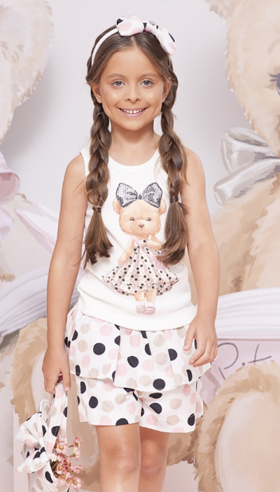 Conjunto Infantil Regata Ursinha Vestido de Poá e Short Com Babados Algodão Estampa Poá Colorido - Pituchinhus