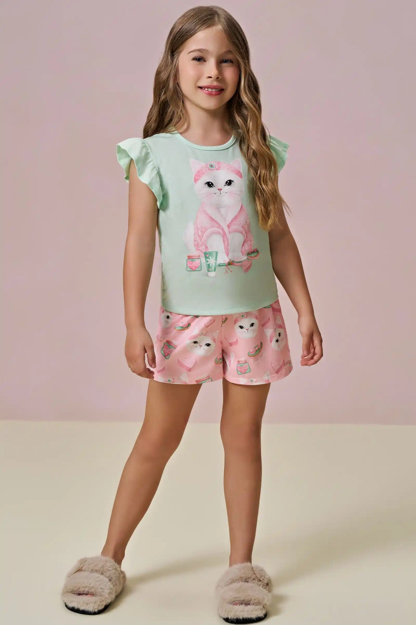 Pijama Infantil Blusa Gatinha Skin Care e Shorts Gatinha Rosa - Infanti