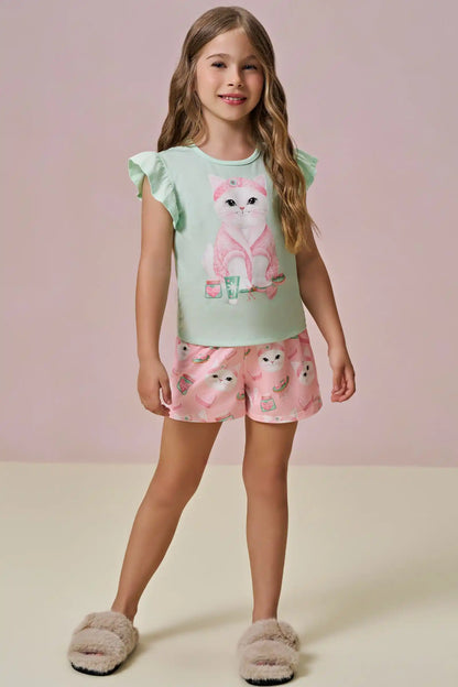 Pijama Infantil Blusa Gatinha Skin Care e Shorts Gatinha Rosa - Infanti