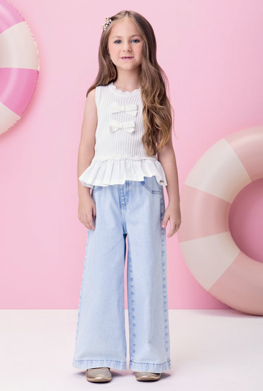 Conjunto Infantil Blusa Tricot Lacinhos e Babados e Calça Jeans Cós Clochard - Momi PRÉ-VENDA