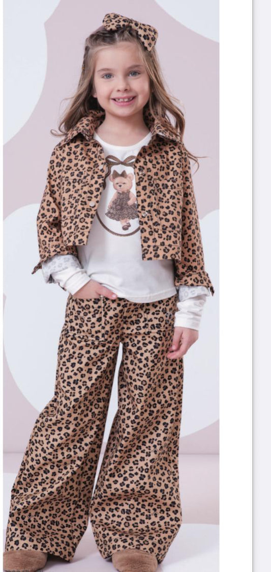 Conjunto Infantil Trio Jaqueta Sarja Oncinha, Blusa Ursinha Cristais e Calça Sarja Reta Bolsos PRÉ-VENDA Oncinha - Pituchinhus