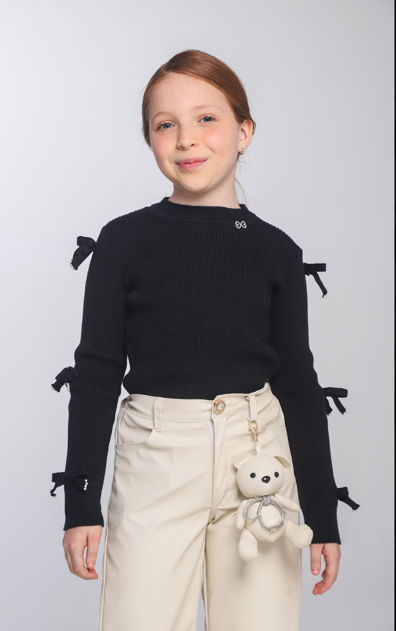 Conjunto Infantil Blusa Preta Lacinhos e Calça Wide Leg Couro Fake Bege - Luluzinha