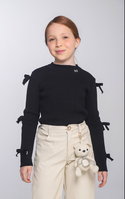 Conjunto Infantil Blusa Preta Lacinhos e Calça Wide Leg Couro Fake Bege - Luluzinha