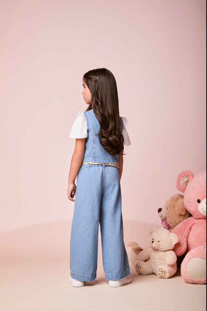 Conjunto Infantil Colete Tricot Off White e Calça Jeans Bordada Flores - Momi
