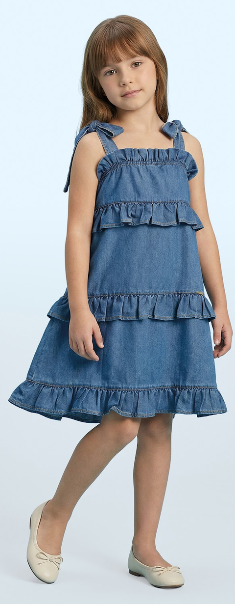 Vestido Infantil Jeans Rodado com Babados Alça Laço - Luluzinha