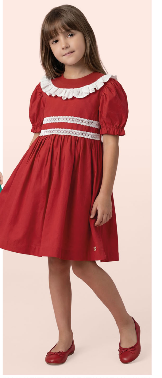 Vestido Infantil Vermelho Tricoline com Manga Princesa Aplicção de Babadinho - Luluzinha