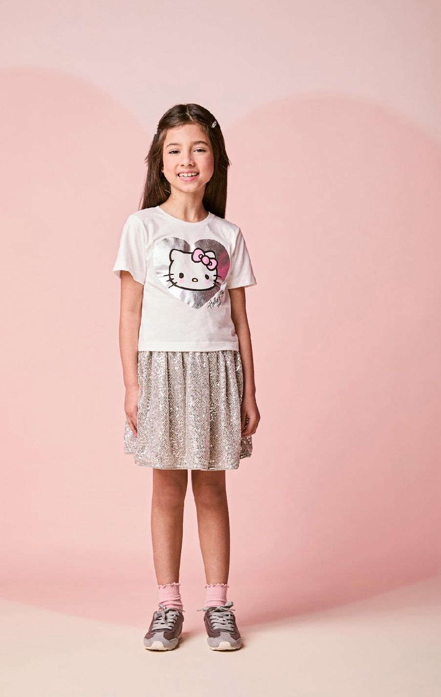 Conjunto Infantil Blusa Hello Kitty Foil com Saia Paetê Prata - Momi