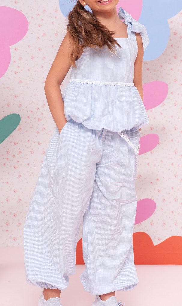 Conjunto Infantil Blusa Balonê Calça Aladim Xadres Azul Lacinhos Bordados - Pituchinhus