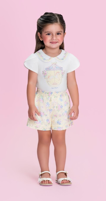 Conjunto Infantil Blusa Strass e Shorts Amarelo Estampa Florais - Petit Cherie