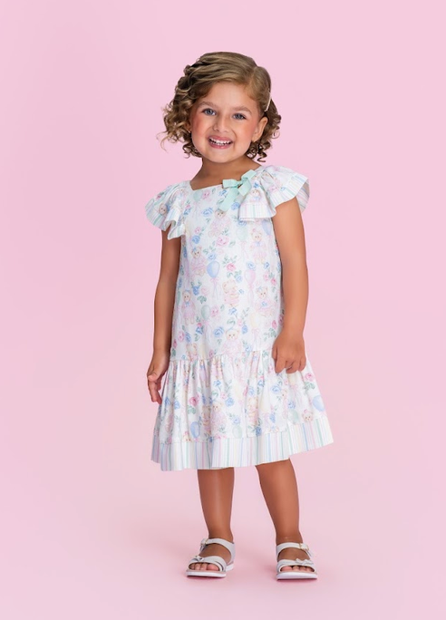 Vestido Infantil Off White com Estampa de Ursinha com Mangas Bufantes em Tule Floral - Petit Cherie