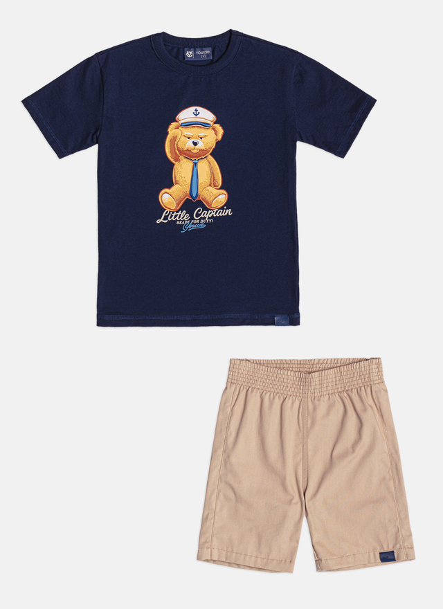 Conjunto Infantil T - Shirt Little Bear e Bermuda Azul Marinho - Youccie