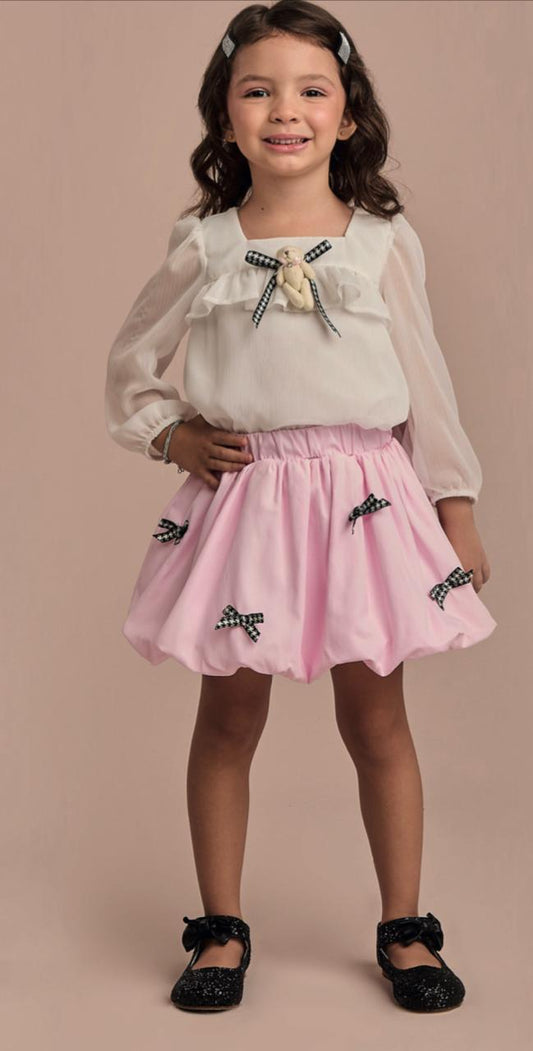 Conjunto Infantil Saia Balonê Rosa Com Lacinhos E Blusa Off Ursinho - Gabriela Aquarela