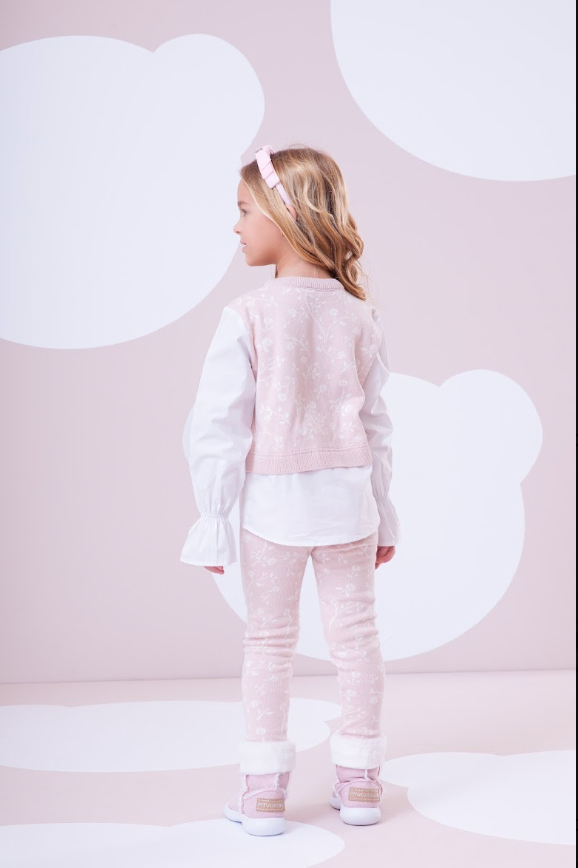 Conjunto Infantil Blusa Tricot Floral Ursinho Rosa Mel e Legging Tricot Floral - Pituchinhus
