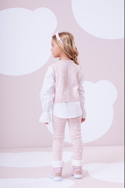 Conjunto Infantil Blusa Tricot Floral Ursinho Rosa Mel e Legging Tricot Floral - Pituchinhus