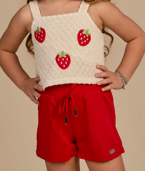 Conjunto Infantil Blusa Crochê Morangos  e Shorts Vermelho - Gabriela Aquarela