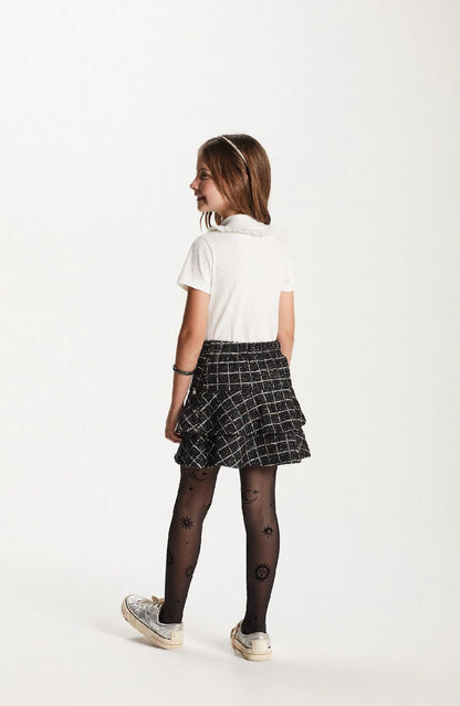Conjunto Infantil Blusa Gola Babado e Short Tweed Xadrez- Um Mais Um