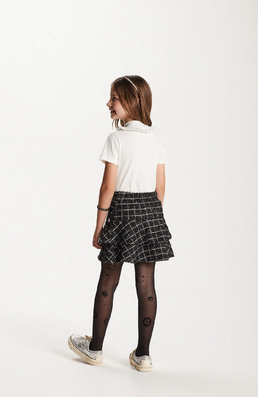 Conjunto Infantil Blusa Gola Babado e Short Tweed Xadrez- Um Mais Um