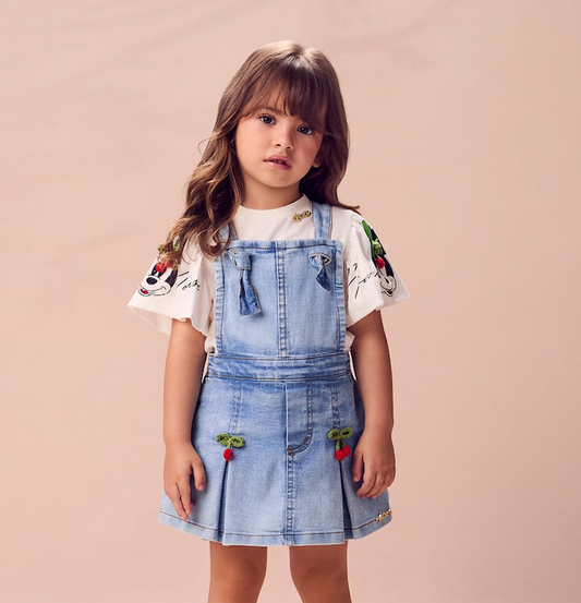 Conjunto Infantil Blusa Minnie Pérola Salopete Pregas Cereja Jeans - Animê