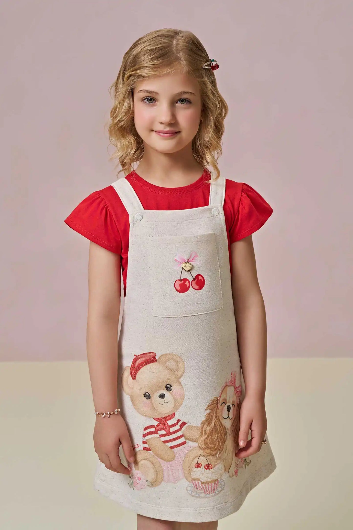 Salopete Infantil Estampada Ursa e Blusa Vermelha - Infanti