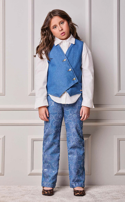 Conjunto Infantil Colete e Calça Jeans Bordada Tule Flores - Animê