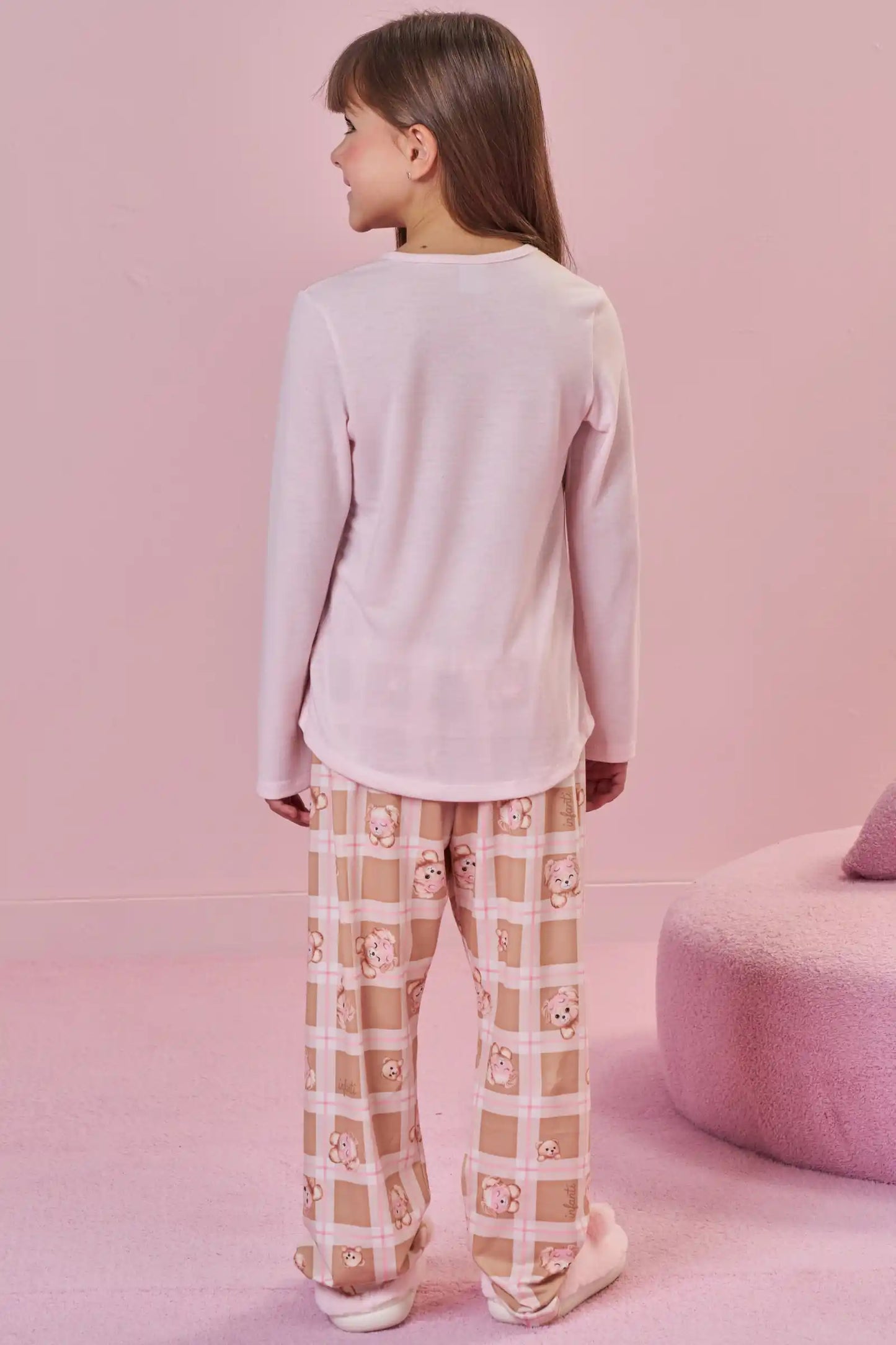Pijama Infantil Blusa ML Ursinha de Máscara e Calça Estampada Rosa Claro - Infanti